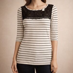 Bar III Black White Striped Lace Yoke Top Size L Stretch Chic Blouse